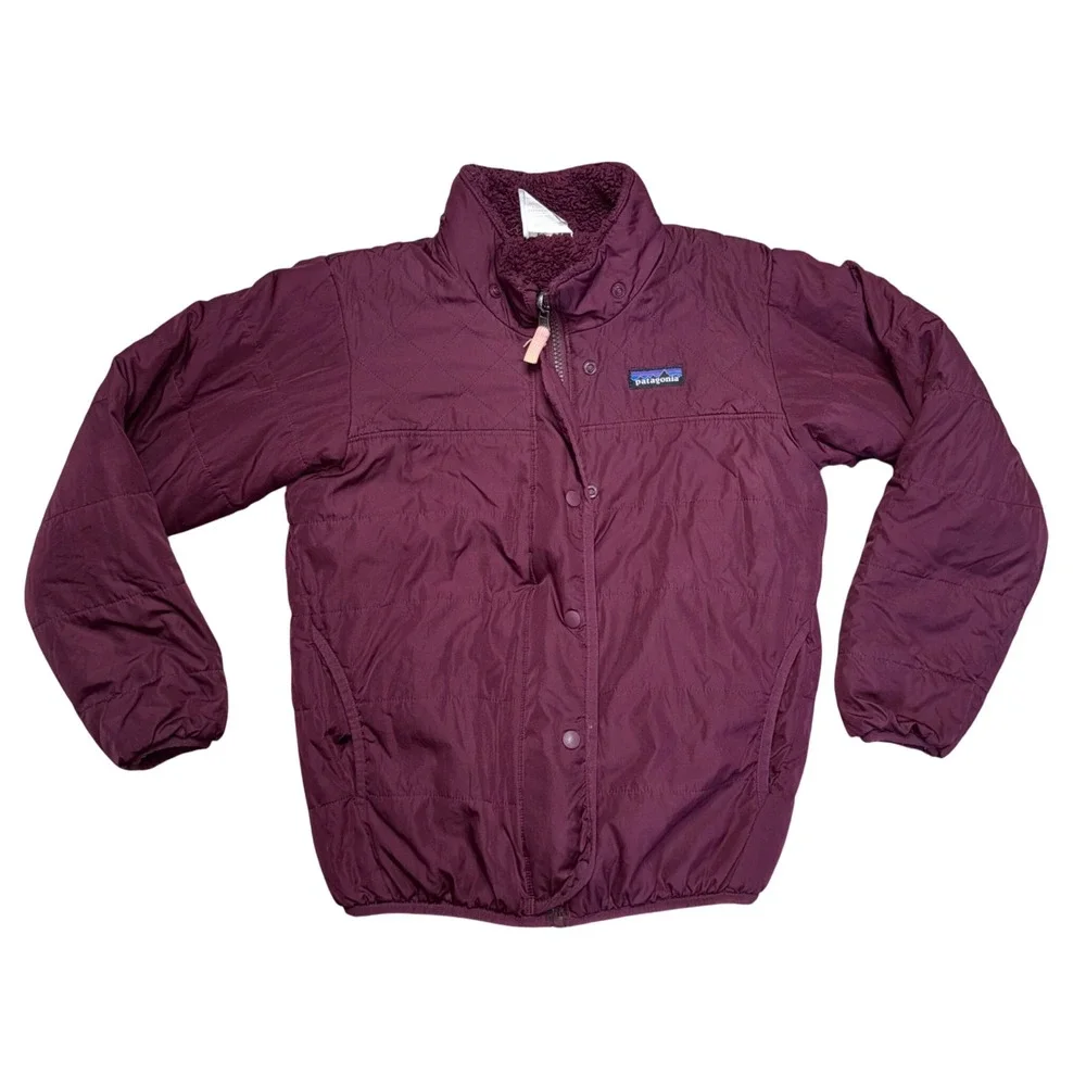 Patagonia Reversible Jacket Kids M 10 Burgundy Excellent Fleece Quilted Shell